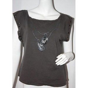 MILEY CYRUS Max Azria STUDDED Peace LOVE Gray TEE SHIRT Top JUNIORS Cotton L